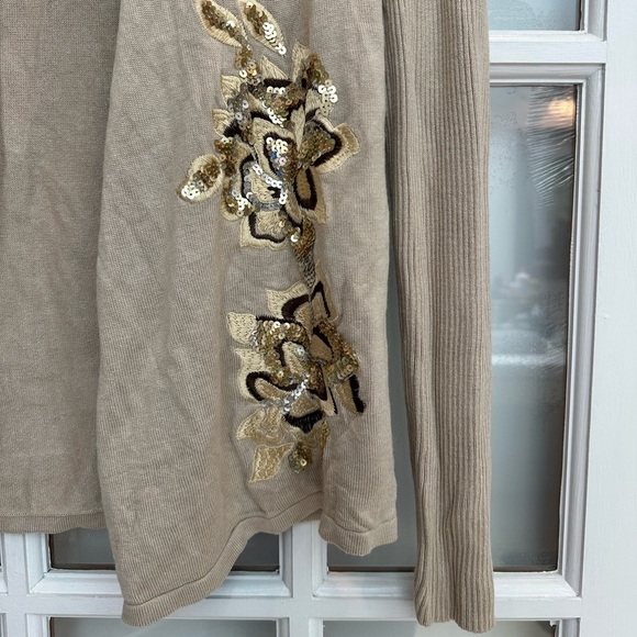 Vintage Cache Knit Silk Blend Tan Cardigan Gold Sequin Floral Embroidery Size S - Picture 5 of 13